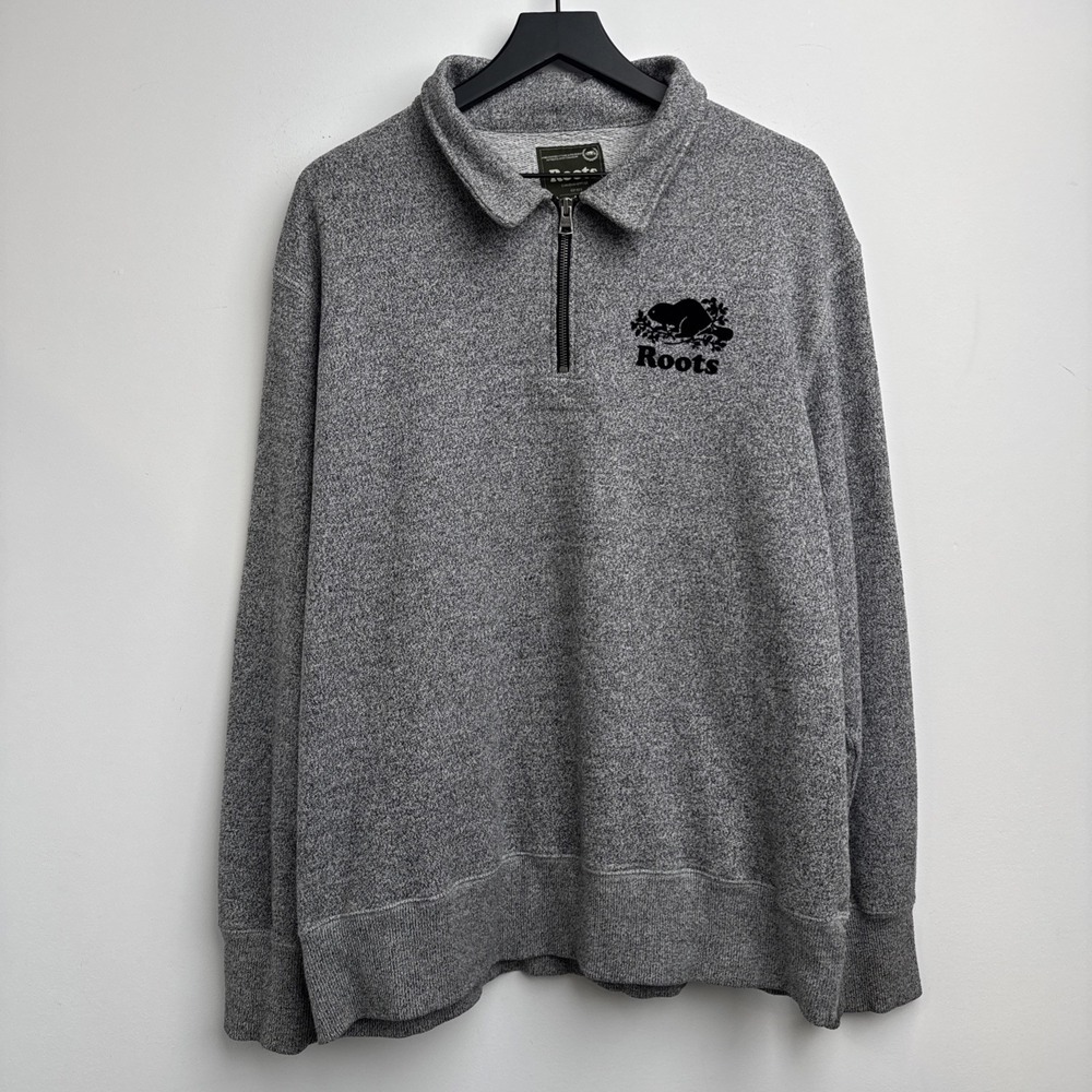 Roots Canada Sweater XL Mens Grey 1/4 Zip Fleece Jacket Long Sleeve Cotton Logo